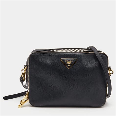 prada black saffiano lux leather double zip camera crossbody bag|prada crossbody purse.